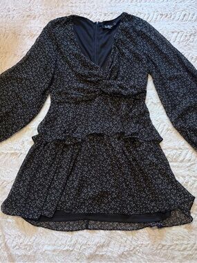 Lulus Black Floral Twist Front Mini Dress Large Boho Romantic Tiered Chiffon